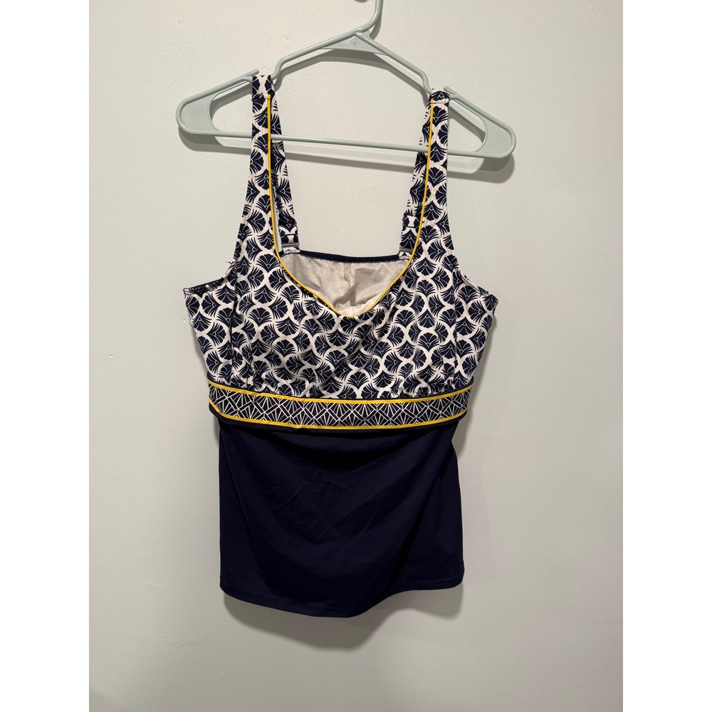 Lands End Women Navy Blue Geometric Fan Print Tankini Top Underwire 16 D